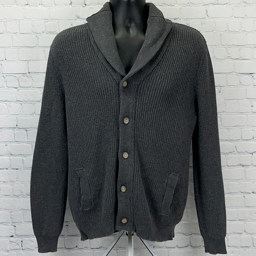 Sun + Stone Shawl Collar Cardigan Sweater Mens L Large Gray 100% Cotton Knit